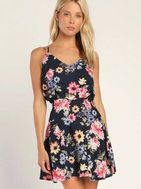 Lulus Bouquet of Blooms Navy Floral Print Clip Dot Mini Dress
